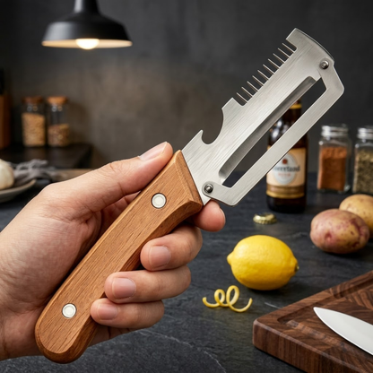 2-in-1 Stainless Steel Vegetable Peeler with Wooden Handle & Bottle Opener